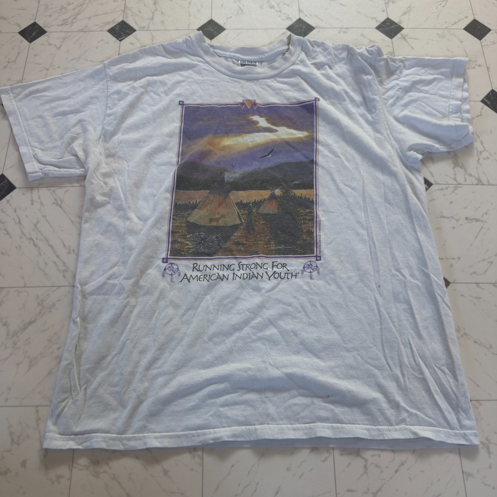 Vintage Running Strong American Indian Youth T Shirt Mens Large White Nature Art